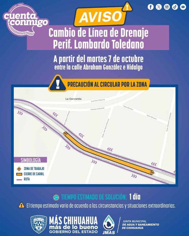Reparará JMAS Chihuahua línea de drenaje dañada en periférico Lombardo Toledano