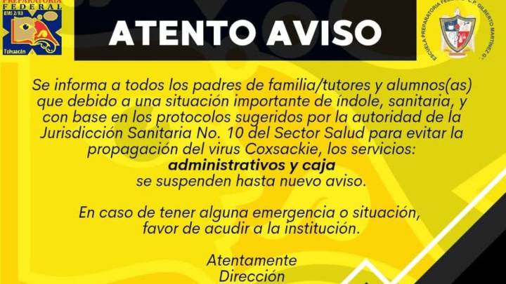 Suspenden clases en la Preparatoria Gilberto Martínez por brote del virus Coxsackie