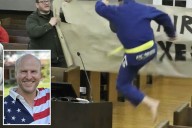 NJ man Will Thilly performs martial arts theatrics at Cranford Township meeting