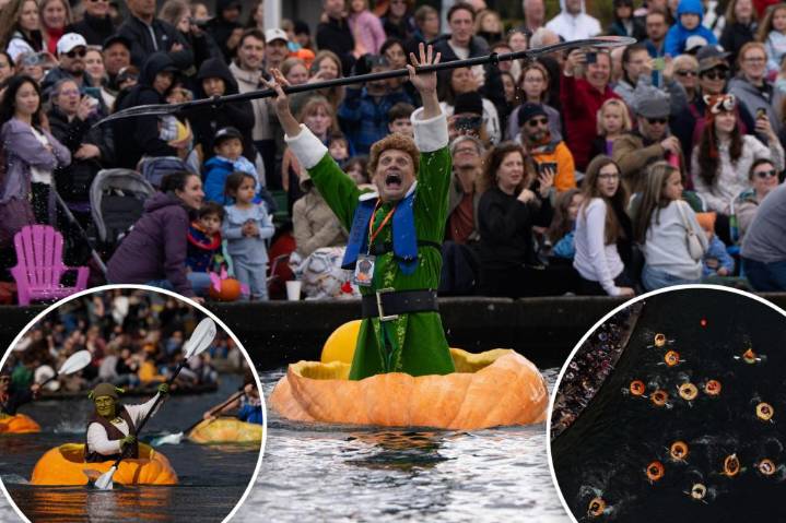 Humongous pumpkin 'boat' race featuring costumed competitors draws massive crowds 