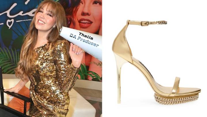 Thalía Joins 'Despierta America' in Gold Jessica Rich Sandals