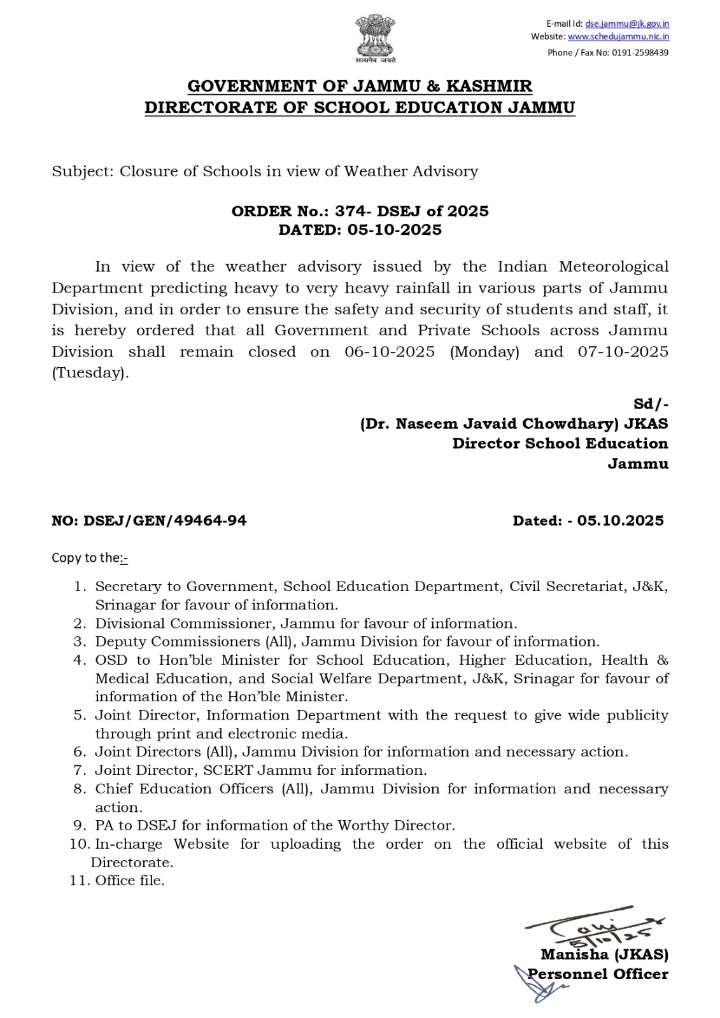 All schools in entire Jammu division to close on Oct 6 and 7 due to heavy rainfall alert