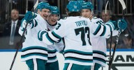 Celebrini has a hat trick and a 5-point game, Sharks beat Rangers in OT for 1st win this season
