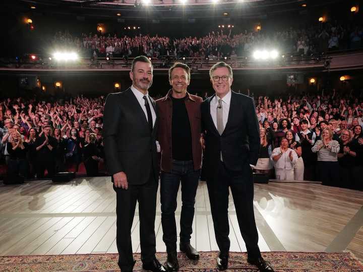 Jimmy Kimmel, Seth Meyers and Stephen Colbert join forces in talk show crossover to call out Donald Trump