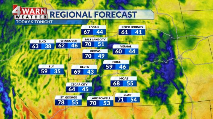 Partly sunny skies, breezy, with isolated showers and storms across southern Utah Monday afternoon
