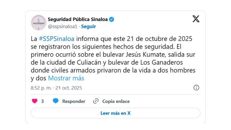 Hechos violentos en Culiacán dejan cuatro muertos y cinco heridos en salidas sur y norte