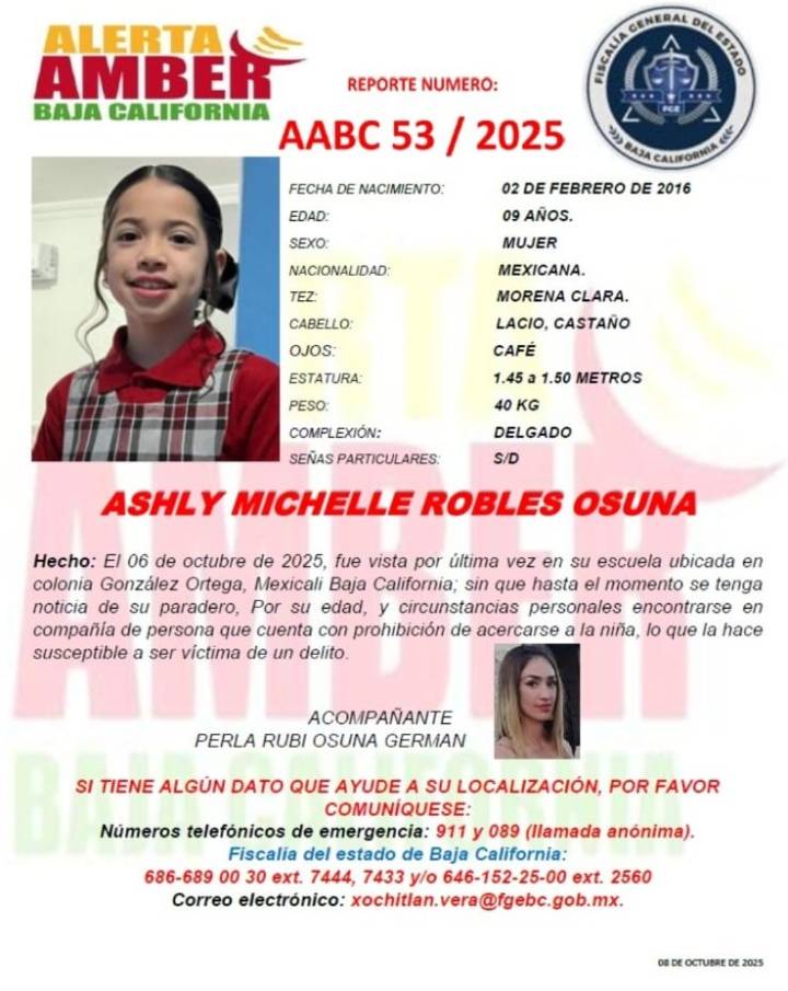 Sigue en calidad de desaparecida Ashly Michelle Robles de 9 años de edad