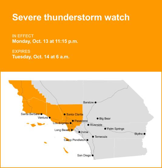 Severe thunderstorm watch issued for Los Angeles County until Tuesday morning