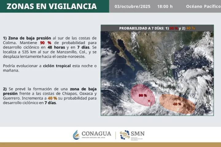 Ciclón tropical se formaría las próximas horas en el Pacífico Mexicano