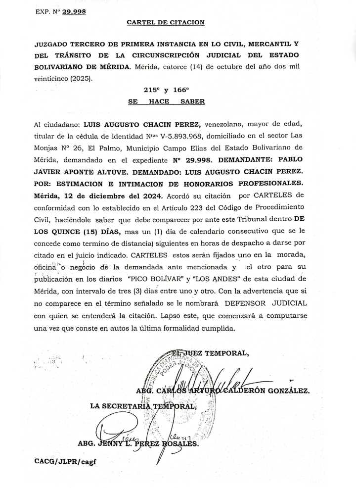 Cartel de citación al ciudadano: LUIS AUGUSTO CHACIN PEREZ, titular de la cédula de identidad Nº V