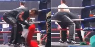 Captan al equipo del boxeador Pablo Peraza limpiando el ring con la bandera de México en una pelea en Francia
