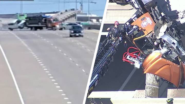 Video shows crash that left tow truck hanging from McKinney overpass