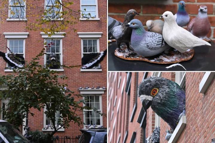 NYC Halloween display has Godzilla-sized momma pigeon perched in West Village walkup