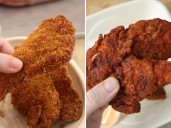 I tried spicy chicken tenders from Dave's Hot Chicken and Chicken Guy. The biggest ones impressed me the most.