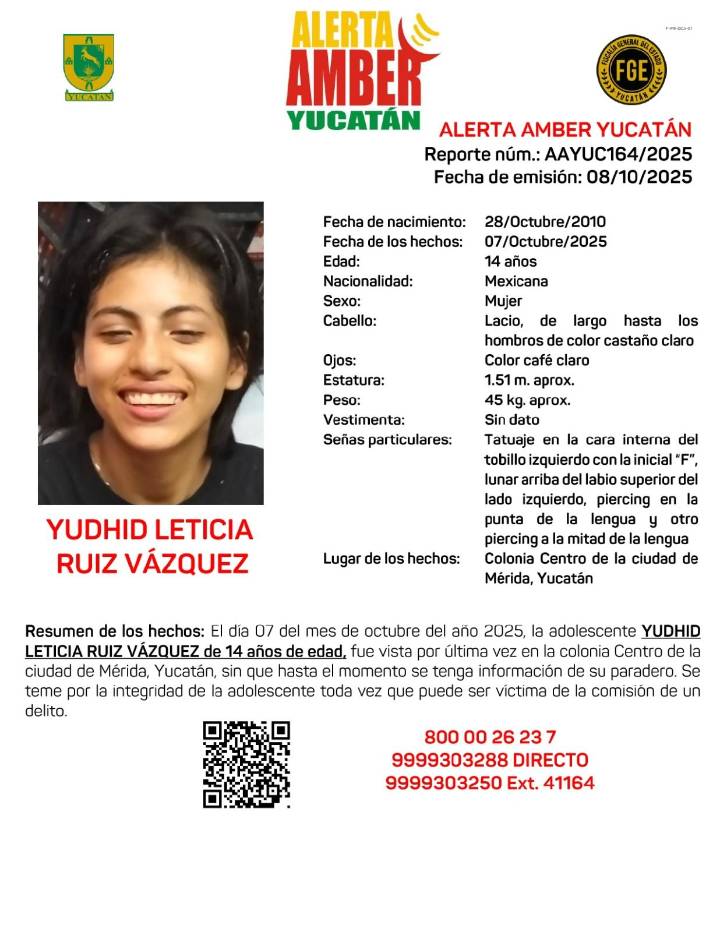 Alerta Amber Yucatán: buscan a Yudhid de 14 años y desaparecida en el Centro de Mérida