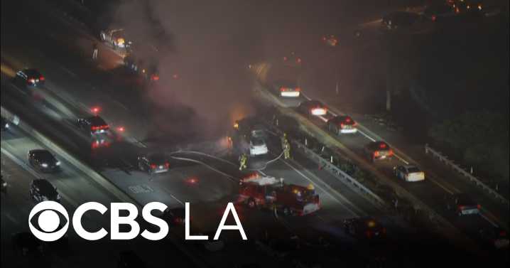 Semi-truck hauling cars catches on fire on 134 Freeway near Griffith Park