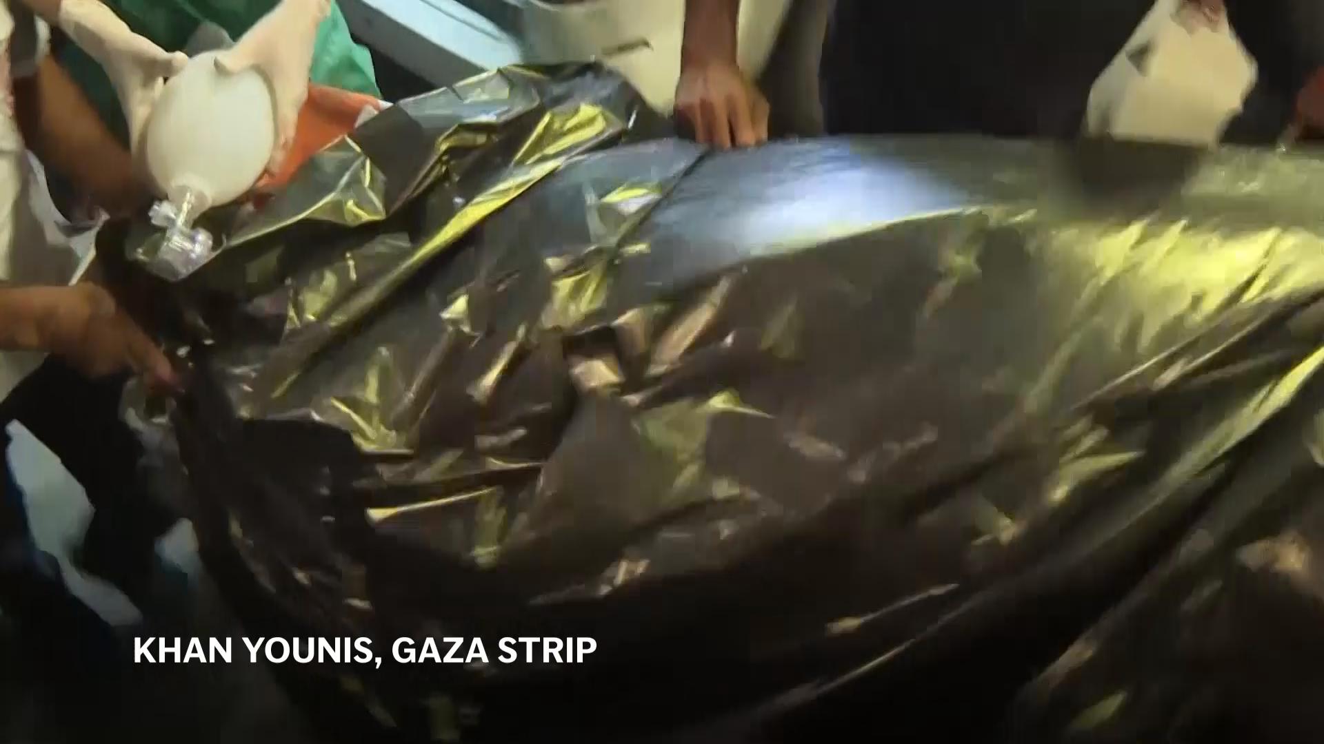 Bodies brought to Gaza's Nasser Hospital after barrage of Israeli strikes
