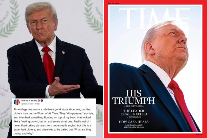 President Trump accuses Time magazine of deliberately using the worst photo 'of all time' on a cover praising his peace deal