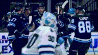 Schmaltz scores hat trick, Mammoth ease past Sharks