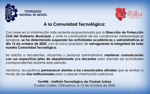 Suspende ITCJ clases mañana ante condiciones meteorológicas