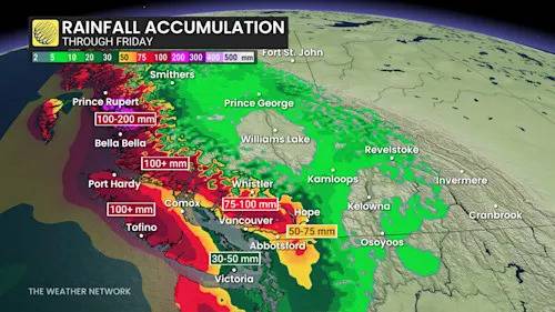 Atmospheric river brings rain, wind, and snow to B.C., travel delays expected