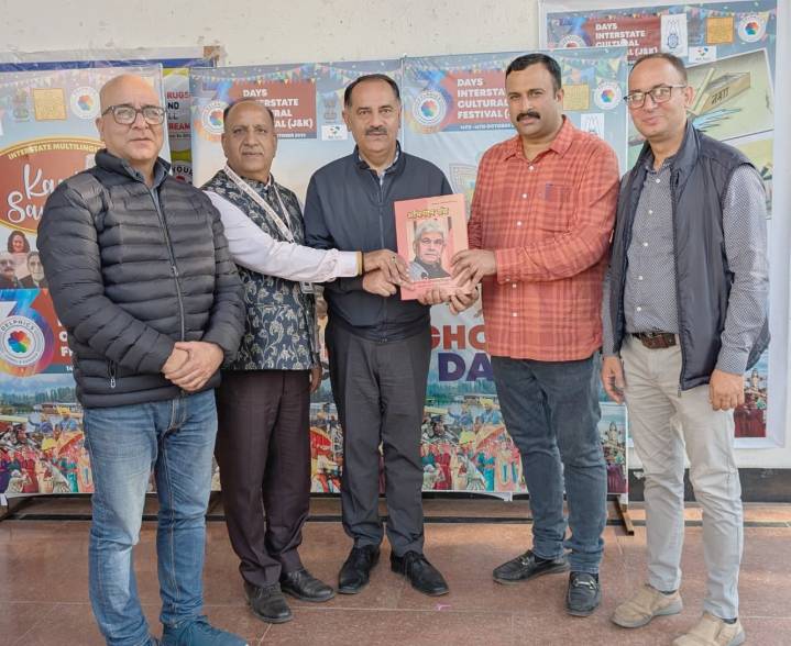 Mahant Rohit Shastri Presents Felicitation Volume on Hon’ble Lieutenant Governor to Principal Secretary, Culture Department, Brij Mohan Sharma