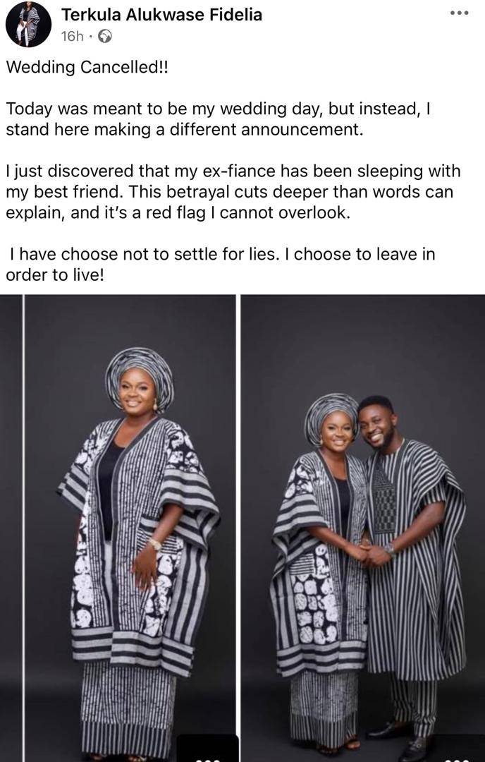 Bride-to-be cancels wedding after catching fiancé In ACTION with her best friend (See Photos)