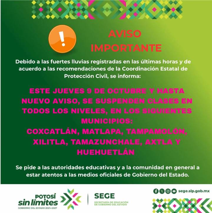 SE SUSPENDEN CLASES EN DISTINTOS MUNICIPIOS POR FUERTES LLUVIAS