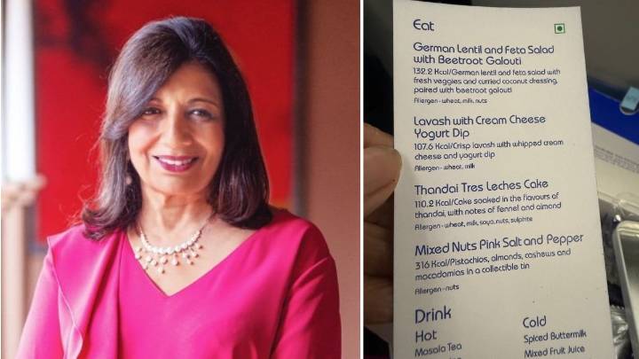 Kiran Mazumdar-Shaw unimpressed with IndiGo's 'gourmet cuisine' menu, shares post