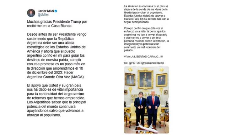 Javier Milei: “Si Argentina se alejara de las ideas de la libertad para volver al populismo, EEUU dejará de apoyarnos”