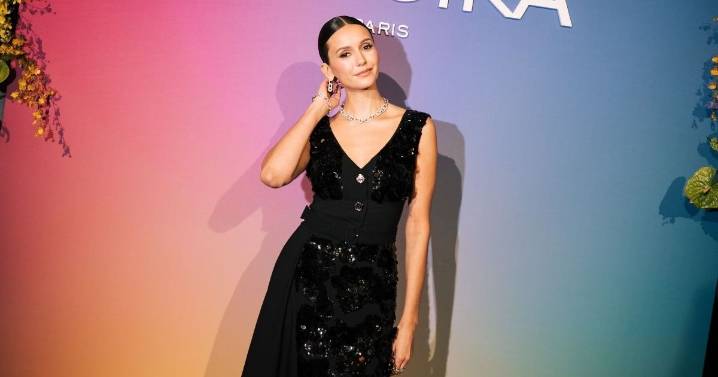 Nina Dobrev Dazzles in Prada Sequin Dress With Bold Neckline