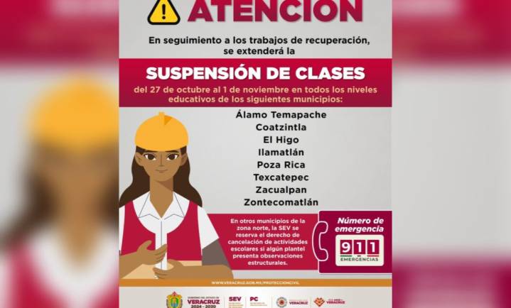 Extienden suspensión de clases en 8 municipios del norte de Veracruz