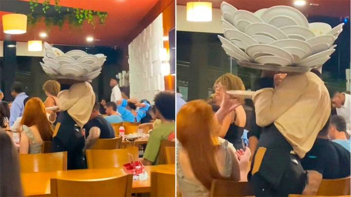 Un mozo “equilibrista” sorprendió a comensales con sus grandes destrezas