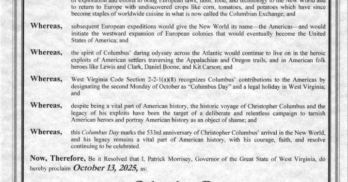 Morrisey signs proclamation recognizing Columbus Day in West Virginia