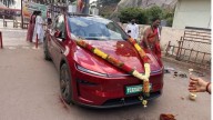 Man performs vahan pooja for Tesla in Hyderabad
