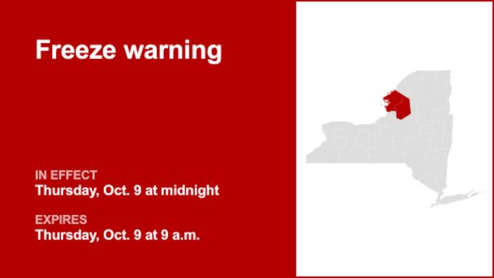 NY weather: Freeze warning issued for Jefferson and Lewis counties for Thursday
