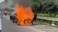 Car catches fire on ORR in Sangareddy, no casualties