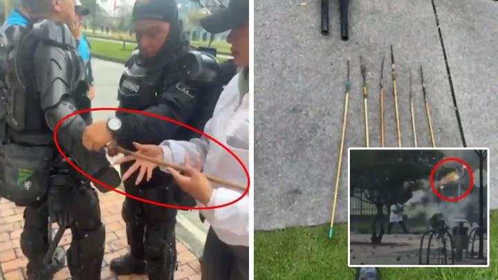 VIDEO | Vándalos atacaron a policías con flechas, artefactos, bengalas, piedras y palos en la calle 26