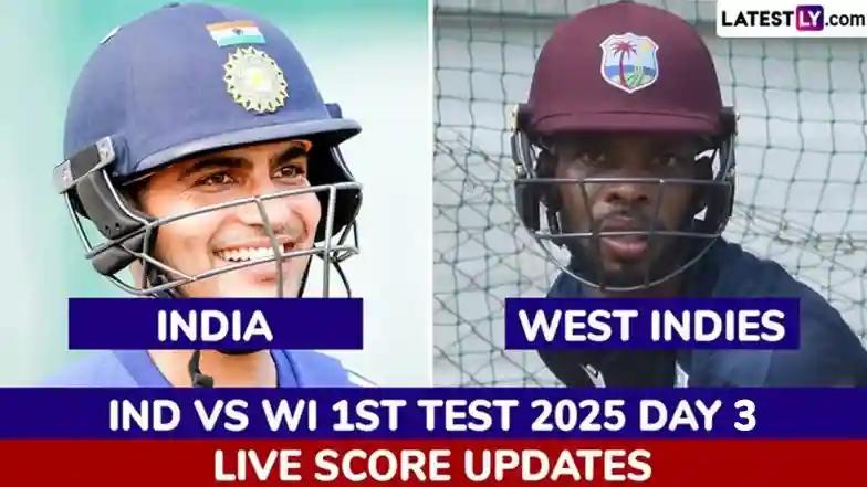 Cricket WI 12/1 in 7.2 Overs (Trail by 274 Runs) India vs West Indies Live Score Updates of 1st Test 2025 Day 3: Mohammed Siraj Dismisses Tagenarine Chanderpaul