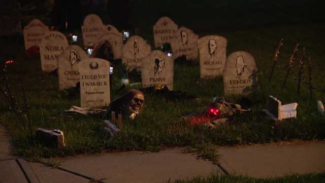 Omaha yard haunt features graveyard with tombstones bearing names of iconic horror villains