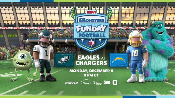 Boo! Monsters Funday Football is Coming Dec. 8 Featuring Eagles-Chargers Set in the World of Pixar’s Iconic Monsters, Inc., The Third Annual Animated Monday Night Football Game Presented by ESPN, Disn