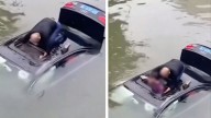 Hombre se lanza a un río para salvar a conductor que cayó con su vehículo, rompió el parabrisas para sacarlo