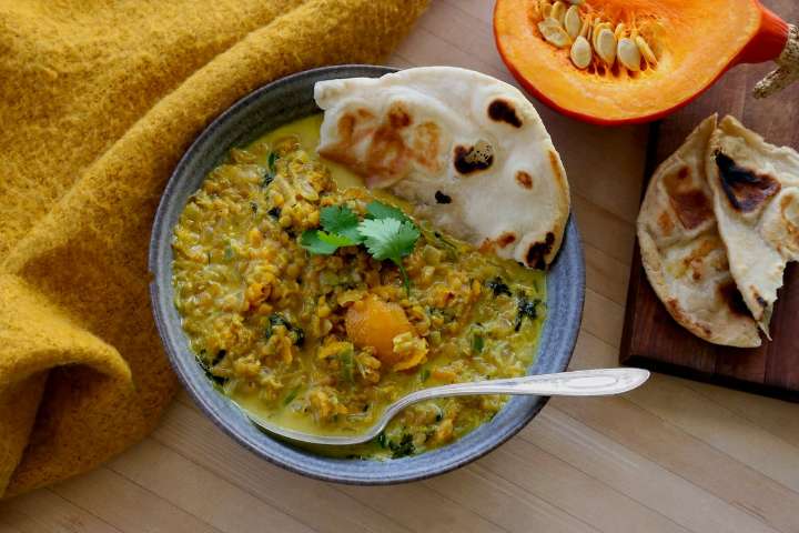 This spicy roasted squash and red lentil dal will warm you up as the weather gets chilly
