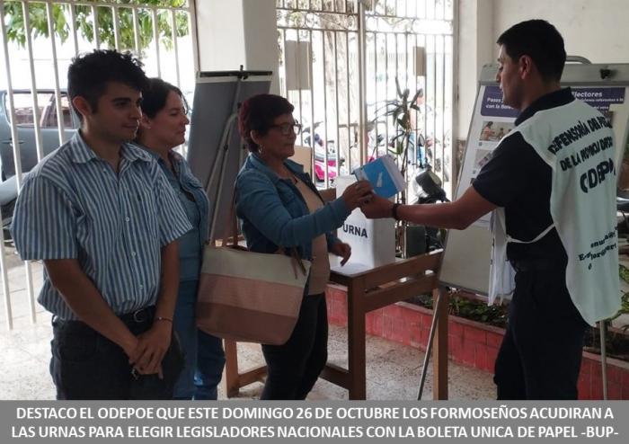 DESTACO EL ODEPOE QUE ESTE DOMINGO 26 DE OCTUBRE LOS FORMOSEÑOS ACUDIRAN A LAS URNAS PARA ELEGIR LEGISLADORES NACIONALES CON LA BOLETA UNICA DE PAPEL -BUP-