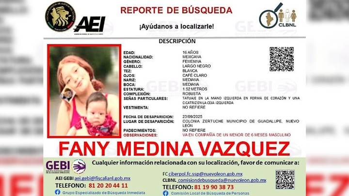 Ayuda a encontrarlos. Desaparece joven de 16 años y su bebé en Guadalupe, Nuevo León