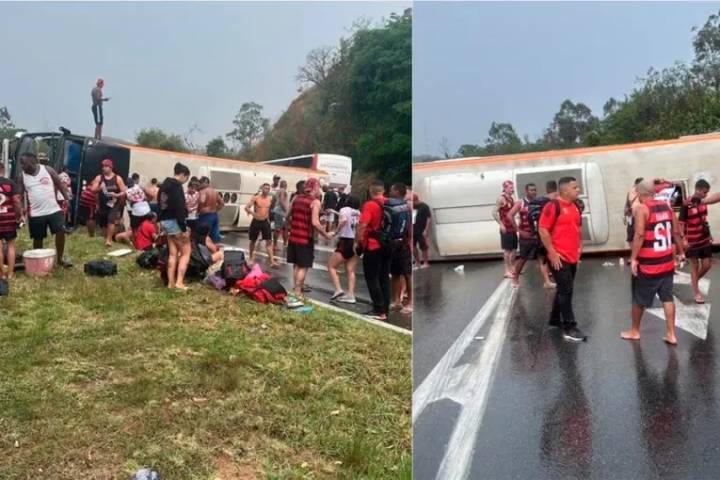 Video: volcó un colectivo con hinchas de Flamengo que viajaban a Buenos Aires