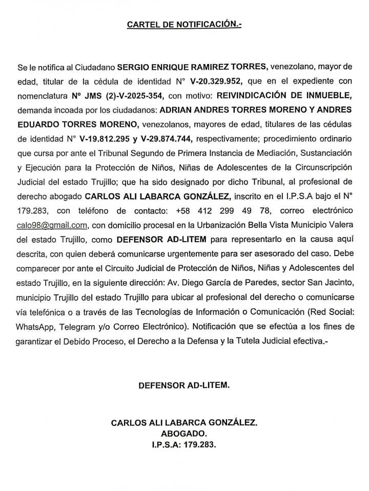 Cartel de notificación al Ciudadano SERGIO ENRIQUE RAMIREZ TORRES, titular de la cédula de identidad N° V