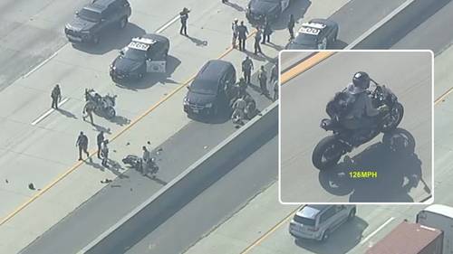 Motorcycle chase ends in violent crash on 210 Freeway in Upland, all eastbound lanes shutdown
