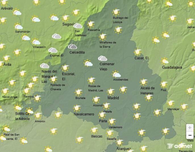 Cielos nubosos y algunas lluvias débiles marcan el tiempo este jueves en Madrid y municipios del sur