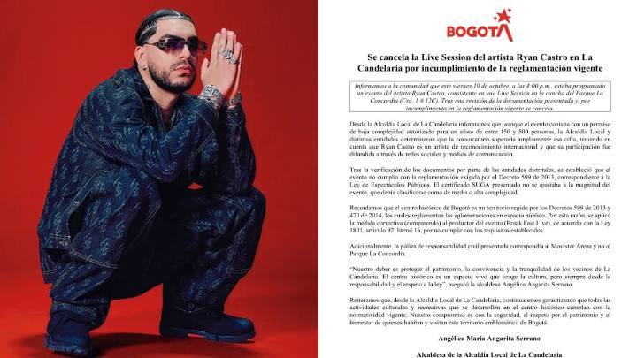 Live Session de Ryan Castro, programada para este 10 de octubre en Bogotá, fue cancelada por incumplimiento de requisitos